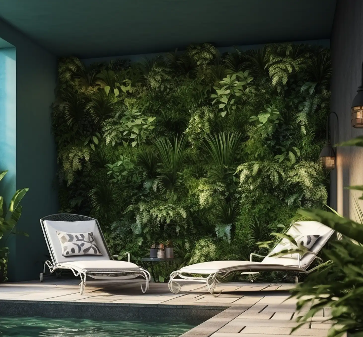 Mur végétal stabilisé Tropical au bord d’une piscine intérieure