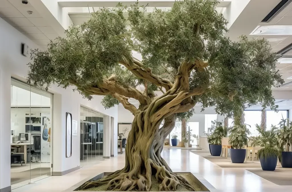 Une espace commercial paisible et élégant grâce aux oliviers stabilisés