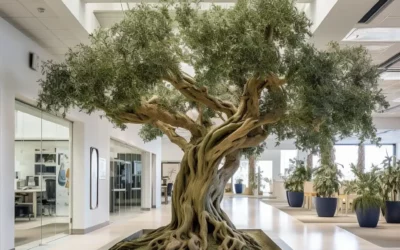 Une espace commercial paisible et élégant grâce aux oliviers stabilisés