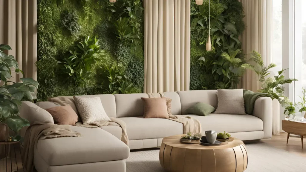 Décoration végétale stabilisée dans un salon chic et beige