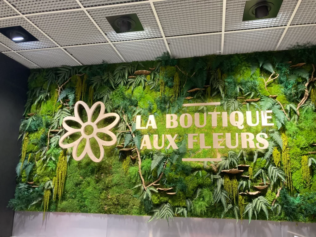 Tableau végétal stabilisé en fougères et mousses avec logo en bois