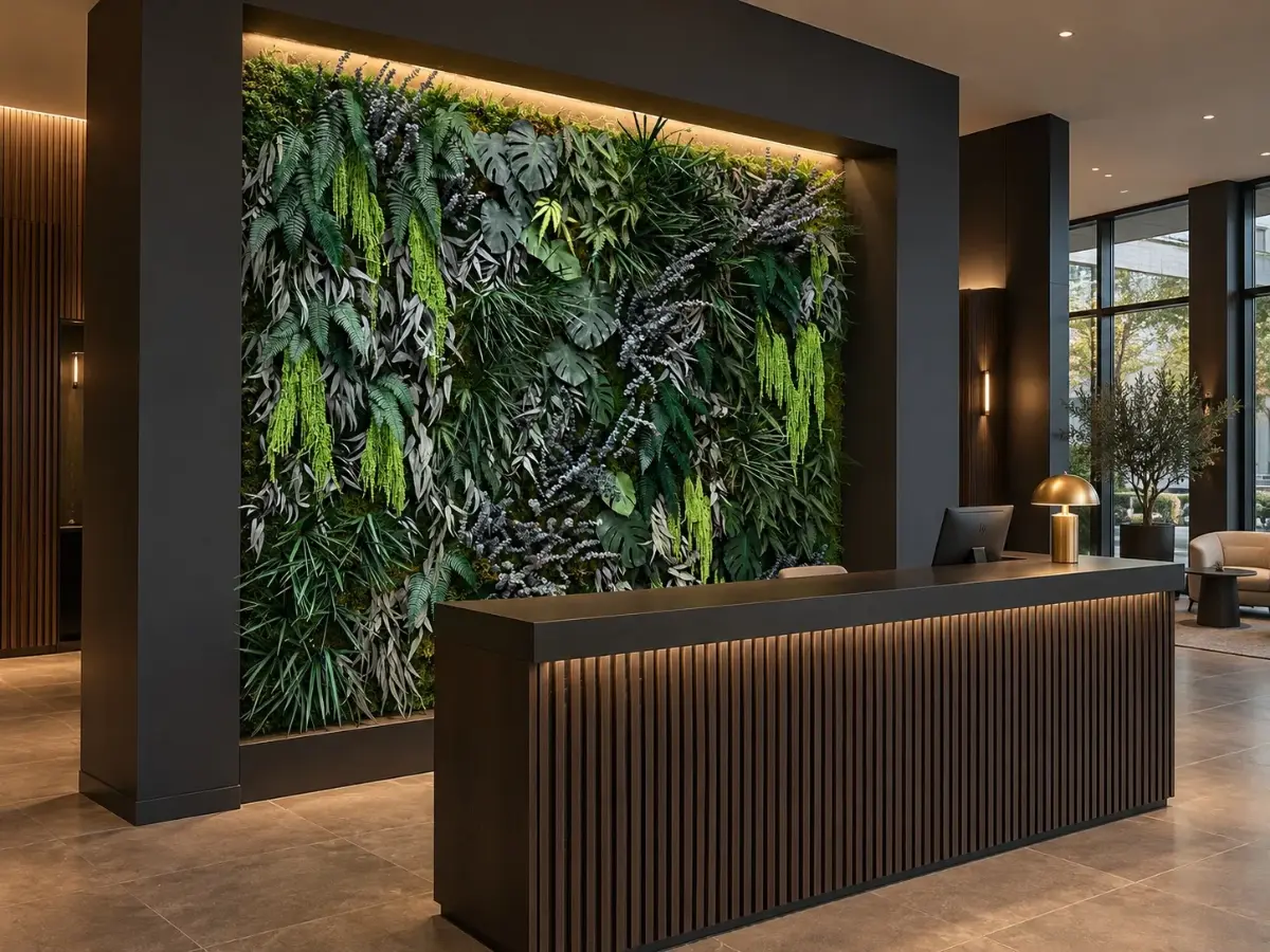 Mur végétal stabilisé univers Tropical dans un hall d'accueil
